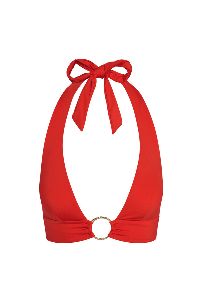 Front view of Ibiza Top in Chili Pepper showing plunging halter neckline, gold center ring, and adjustable neck and back ties on white background