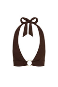 Front view of Ibiza Top in espresso showcasing halter tie neck, deep V neckline and gold ring center on white background
