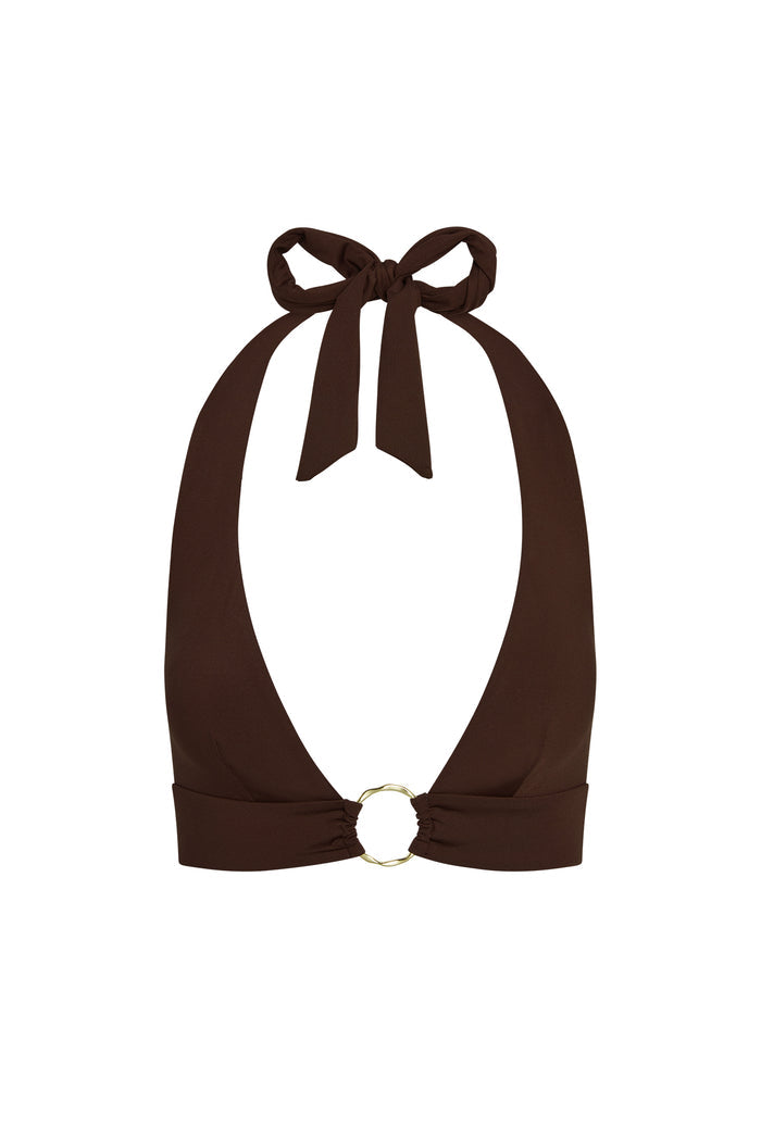 Front view of Ibiza Top in espresso showcasing halter tie neck, deep V neckline and gold ring center on white background