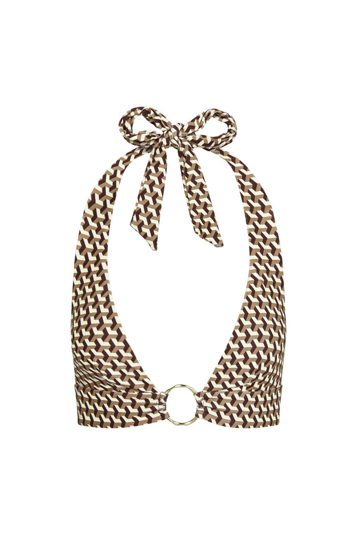 Front view of Ibiza Top in Husk Geo showing plunging halter neckline, gold ring and brown geometric print on white