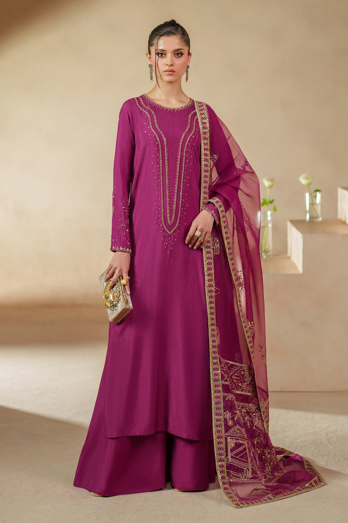 NAQSHI Imsha magenta luxury pret outfit in Indian raw silk with embroidered neckline, flared culottes, and organza dupatta for festive occasions
