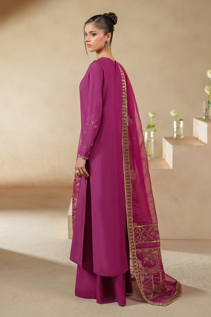 Back view of NAQSHI Imsha magenta luxury pret dress showing clean raw silk finish, back slit detail, and flowing organza dupatta.