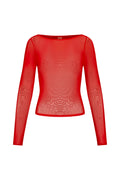 Front view of Ipanema Top in Chili Pepper mesh showcasing sheer long sleeves and cropped pull-over fit on white background