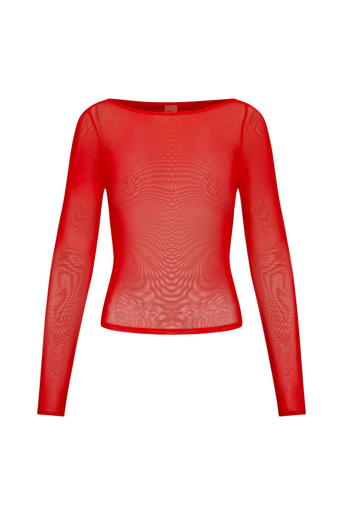 Front view of Ipanema Top in Chili Pepper mesh showcasing sheer long sleeves and cropped pull-over fit on white background