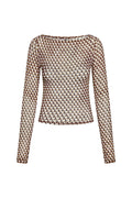 Front view of Ipanema Top in Husk Geo mesh showcasing sheer long sleeves and brown-and-cream geometric pattern on white background