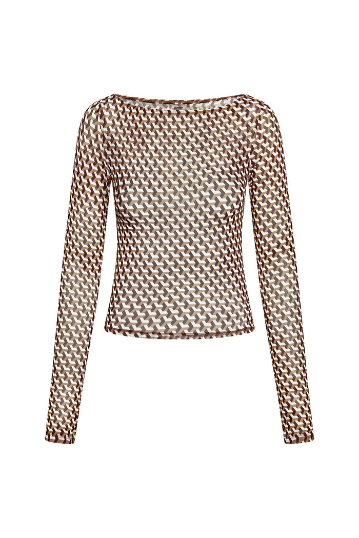 Front view of Ipanema Top in Husk Geo mesh showcasing sheer long sleeves and brown-and-cream geometric pattern on white background