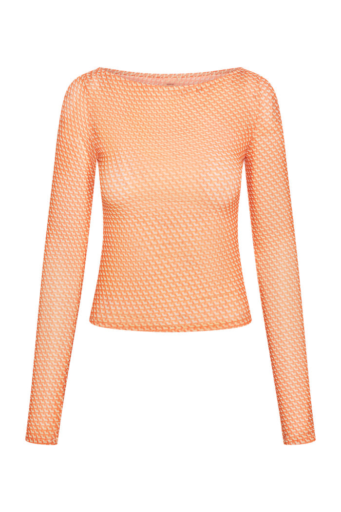 Front view of Ipanema Long Sleeve micro geo mesh top showing orange sheer geometric mesh and long sleeves on white background