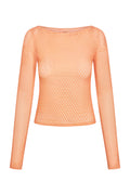 Front view of Ipanema Long Sleeve micro geo mesh top showing orange sheer geometric mesh and long sleeves on white background