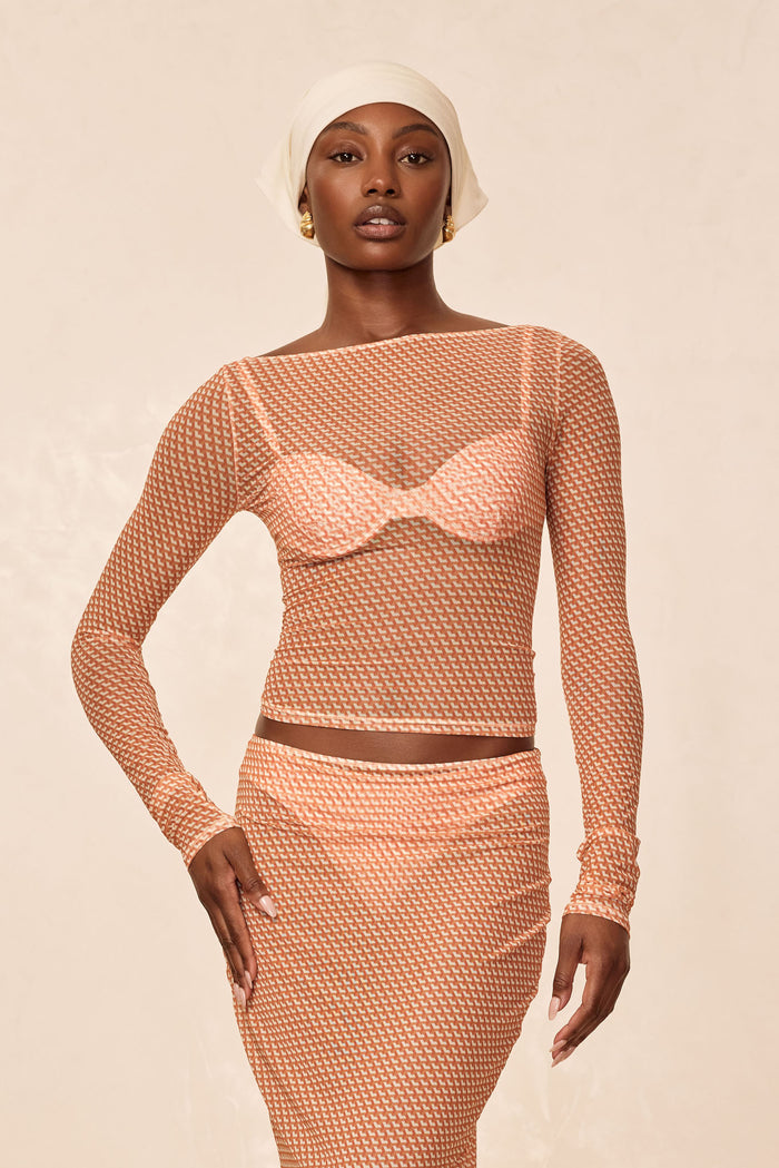 Front view of Ipanema Long Sleeve micro-geo mesh top showing sheer patterned fabric and boat neckline on neutral background