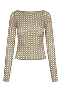 Front view of Ipanema Top Tile Geo mesh long-sleeve sheer pullover with brown geometric tile print on white background