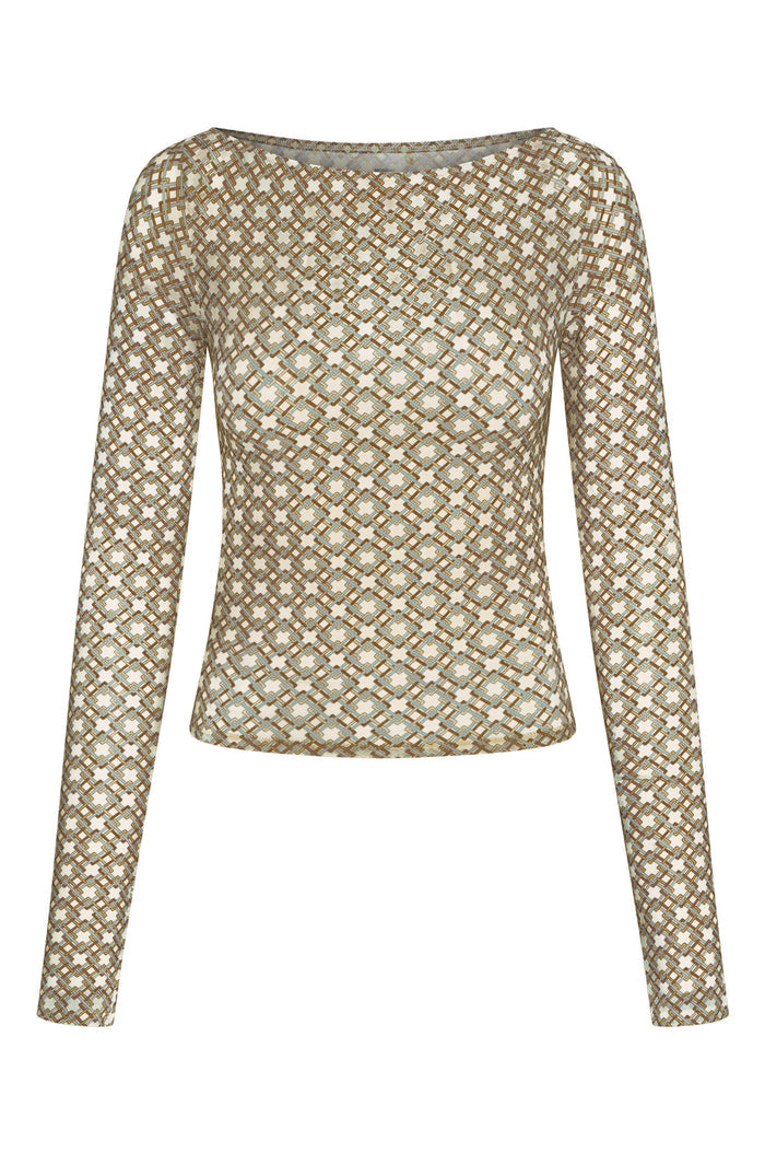 Front view of Ipanema Top Tile Geo mesh long-sleeve sheer pullover with brown geometric tile print on white background