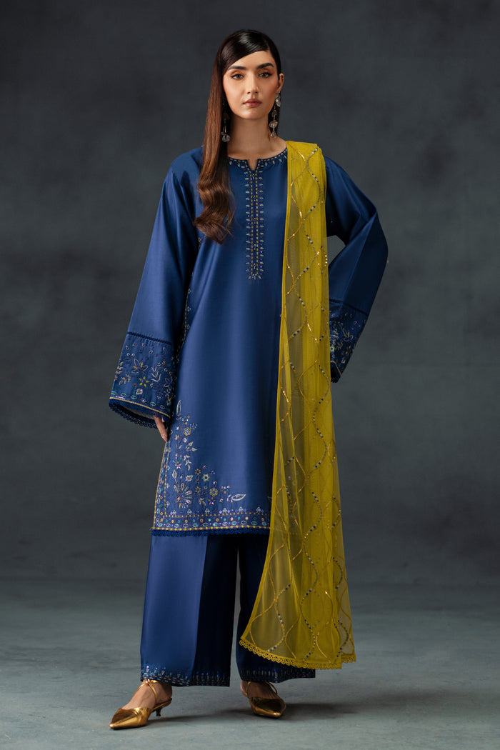 Front full-view of NAQSHI Irha blue satin embroidered shirt with mustard net dupatta and matching trousers, ready-to-wear 3-piece occasion set