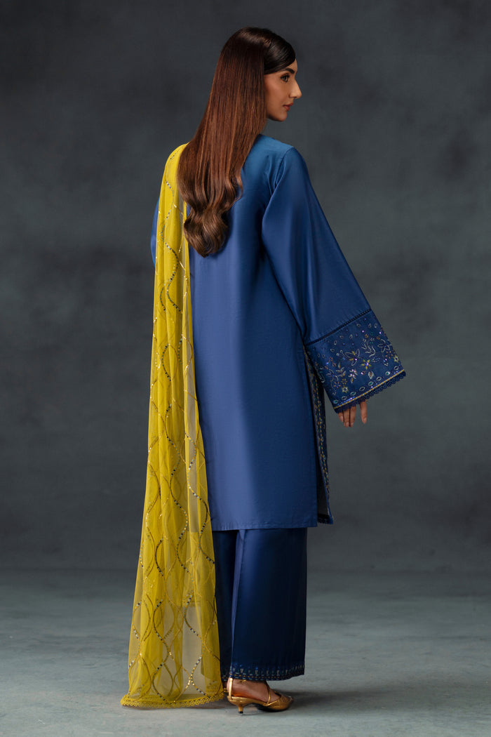 back view of NAQSHI Irha blue embroidered shirt with mustard sheer dupatta and cotton satin trousers for formal & casuals event wear