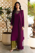 NAQSHI Irma wine-purple raw-silk straight shirt with rear-to-neck neckline, heavy hand-adda embellishments (kora, dabka, naqshi, sitara, cut dana, crystals) on neck, sleeves & hem, paired with olive-green culottes.