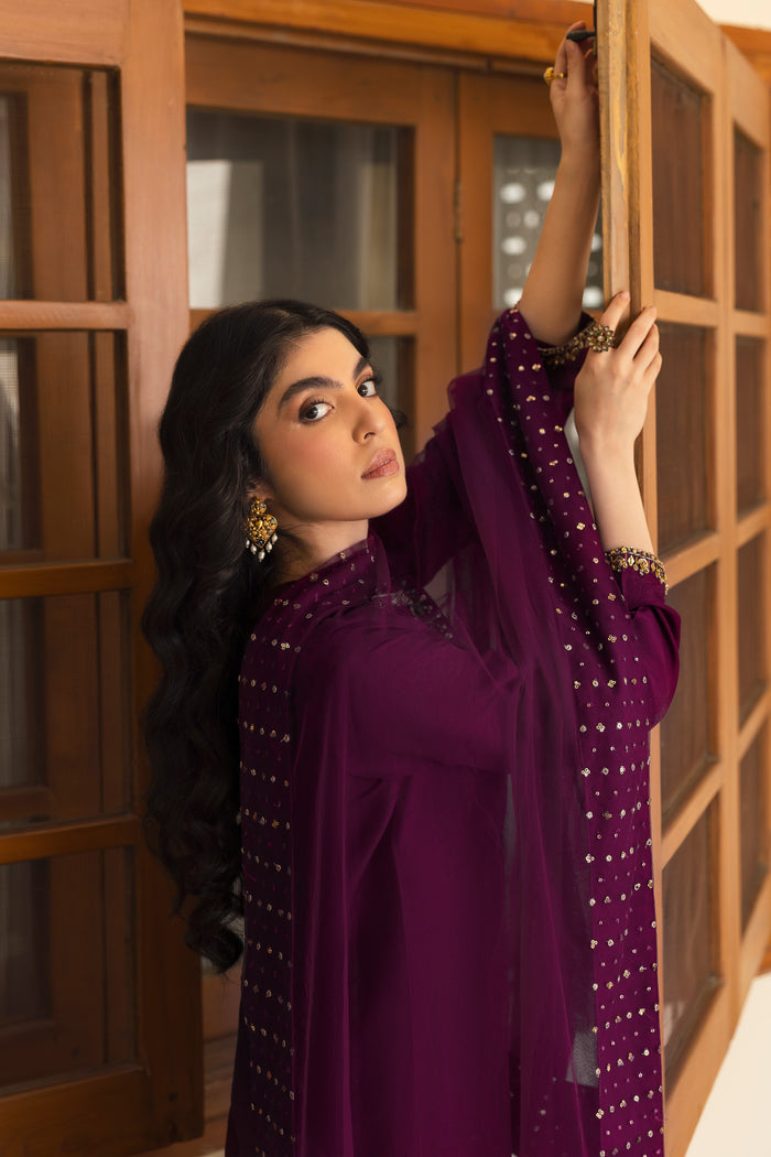 Model wearing full NAQSHI Irma 3PC: wine-purple embellished raw-silk shirt, olive-green embroidered culottes & net dupatta with thick hand-adda border for a youthful, layered look.