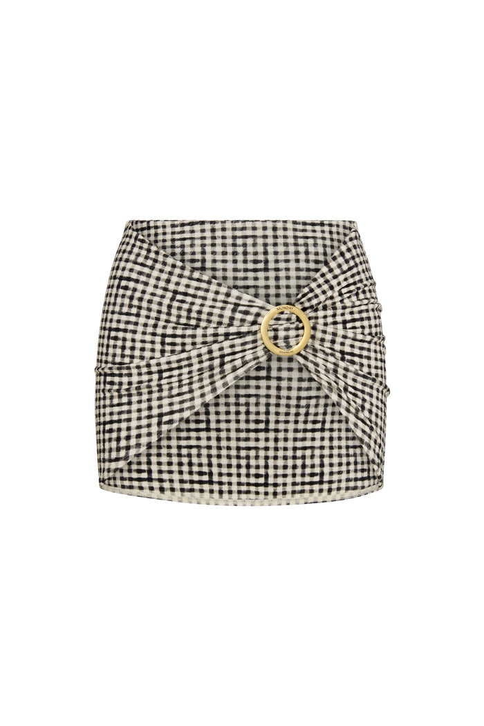 Front view of Jamaica Sarong in black gingham showcasing a knotted front and gold ring buckle on white background