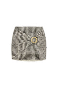 Front view of Jamaica Sarong in black gingham showcasing a knotted front and gold ring buckle on white background