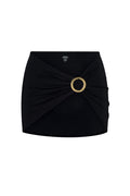 Top-front view of Jamaica Sarong in black showcasing twisted ruched wrap and branded gold O-ring buckle on a white background