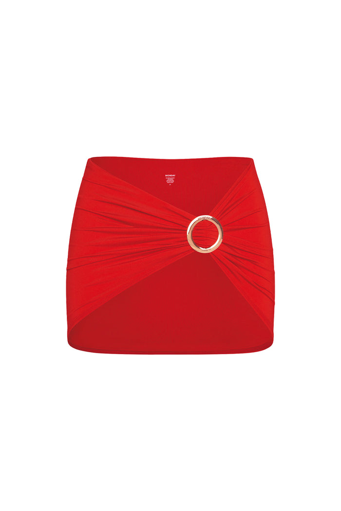 Front view of Jamaica Sarong in Chili Pepper showcasing gold metal sliding ring buckle and ruched wrap on white background