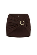 Front view of Jamaica sarong in espresso showcasing ruched wrap front with gold circular sliding buckle on white background