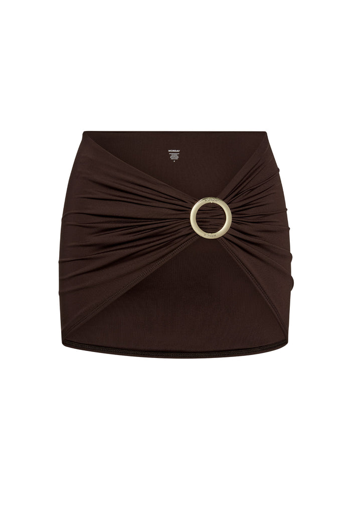Front view of Jamaica sarong in espresso showcasing ruched wrap front with gold circular sliding buckle on white background