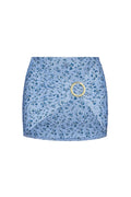 Front view of Jamaica Sarong mini sarong showcasing light blue Isola Floral print and gold sliding buckle on white background