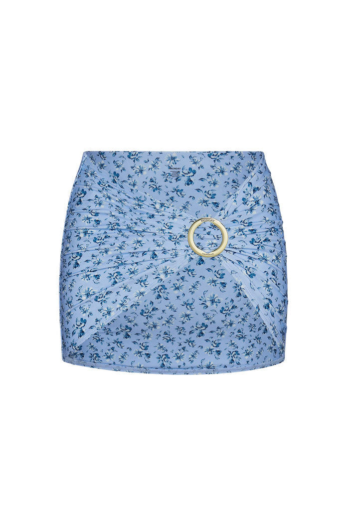 Front view of Jamaica Sarong mini sarong showcasing light blue Isola Floral print and gold sliding buckle on white background