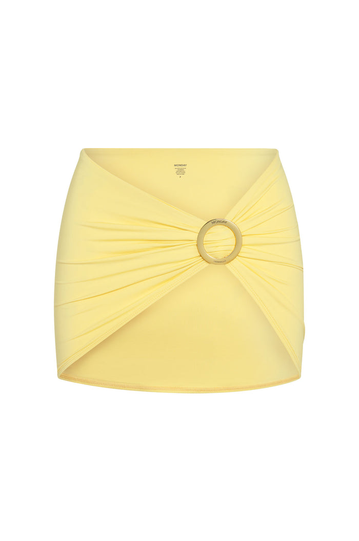 Front view of Jamaica Sarong Meyer showcasing adjustable gold metal sliding buckle and ruched wrap detail on white background