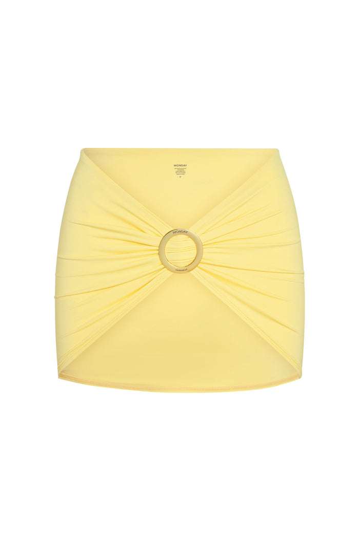 Front view of Jamaica Sarong in Meyer showcasing gold metal sliding buckle and mini length on white background