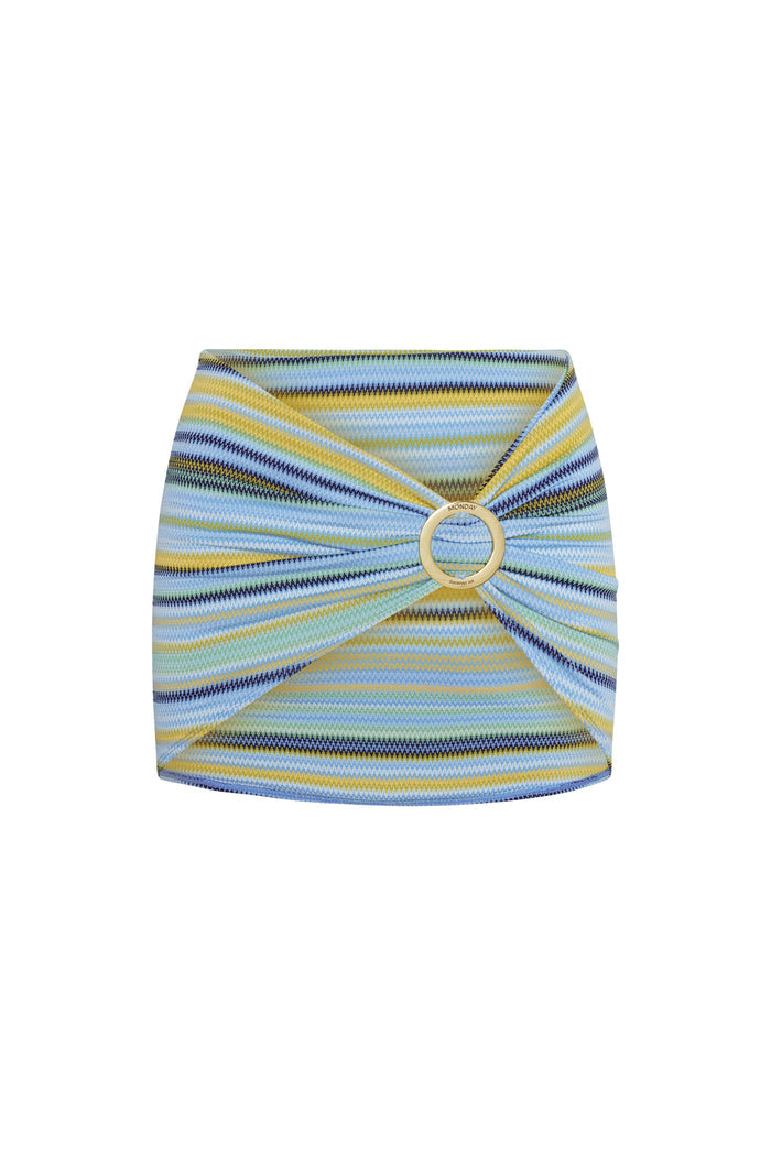 Front close-up of Jamaica Sarong in Sardinia Stripe Azure showing mini length and adjustable gold circular buckle on white background