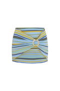 Front close-up of Jamaica Sarong in Sardinia Stripe Azure showing mini length and adjustable gold circular buckle on white background