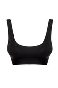 Black seamless scoop-neck wireless bra with wide straps and elastic underband, front view on white background.