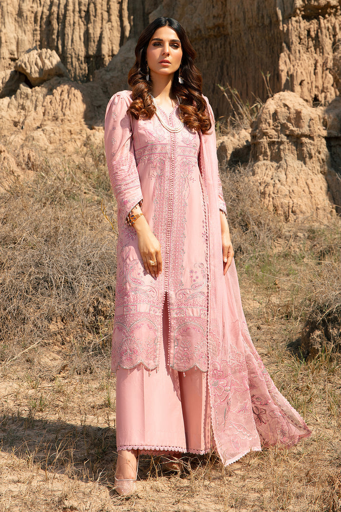 NAQSHI Jazmin tea pink 3PC ready to wear embroidered lawn suit with open shirt, cambric culotte trousers and net dupatta for semi formal occasions