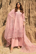 Front view showing flowy open slit tea pink shirt with embroidered net dupatta and lace border ready to wear party wear dress
