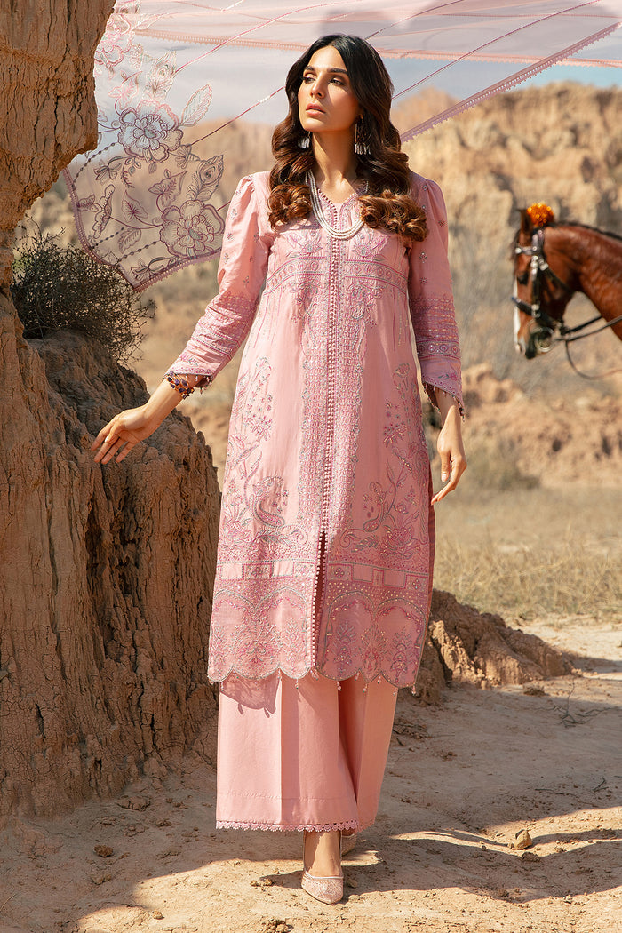 Full length walking view of Jazmin tea pink ready to wear outfit showing open shirt cut and wide culottes