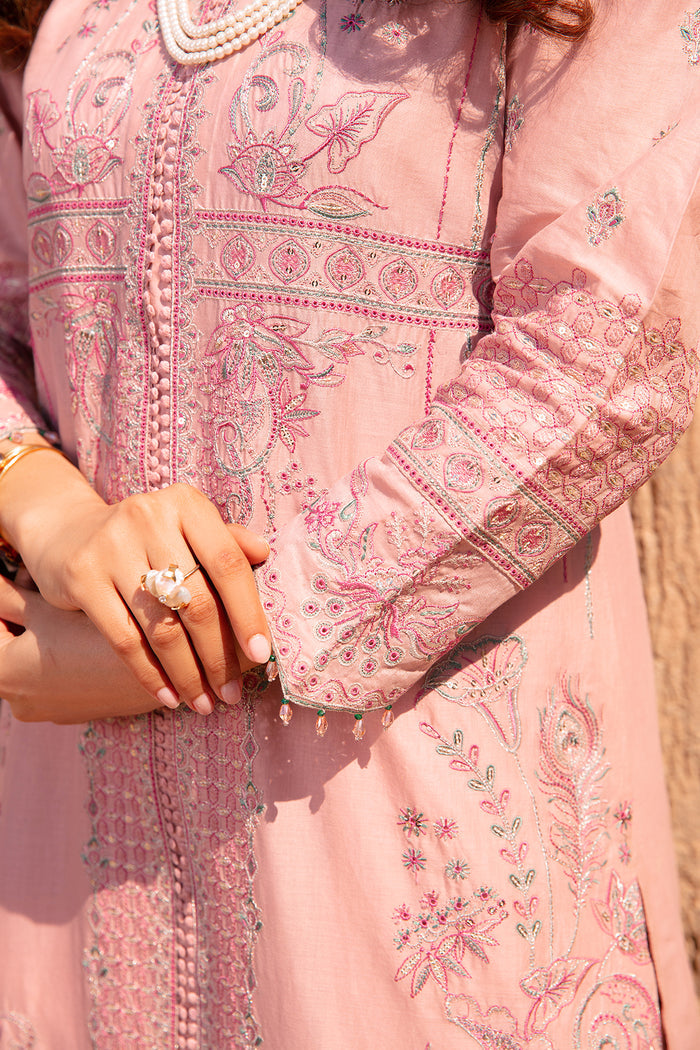 Detailed close up of sleeve embroidery lace cuffs and organza patch on Jazmin tea pink ready to wear 3PC outfit