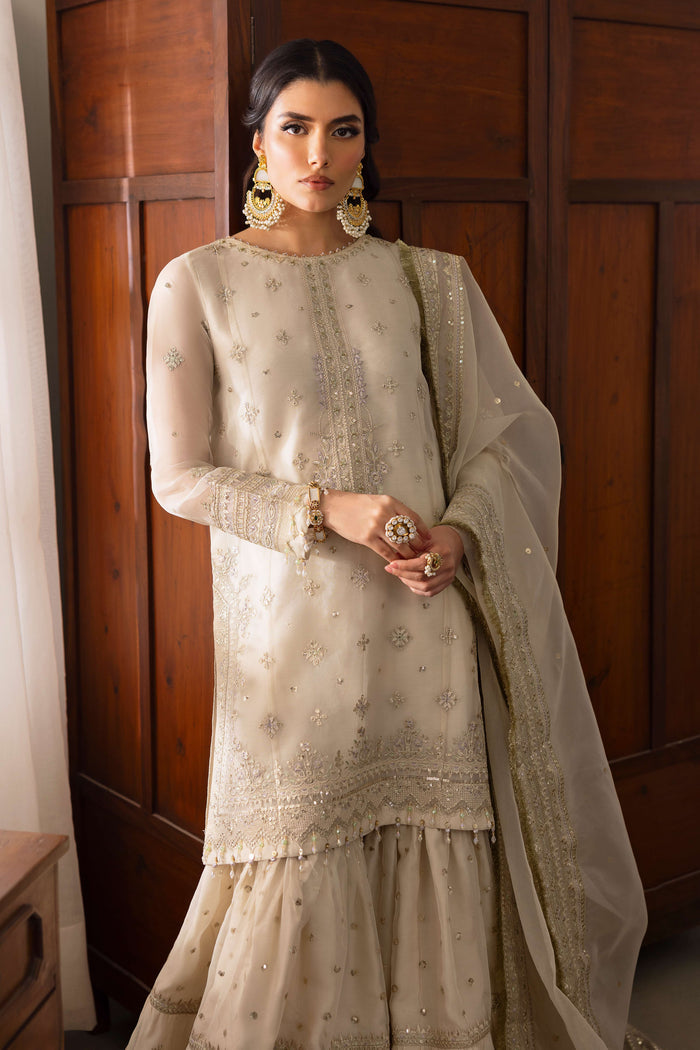 NAQSHI Jeena organza dupatta draped fully, displaying chunky embroidered 4-sided border finished with kiran lace and all-over sequin spray.