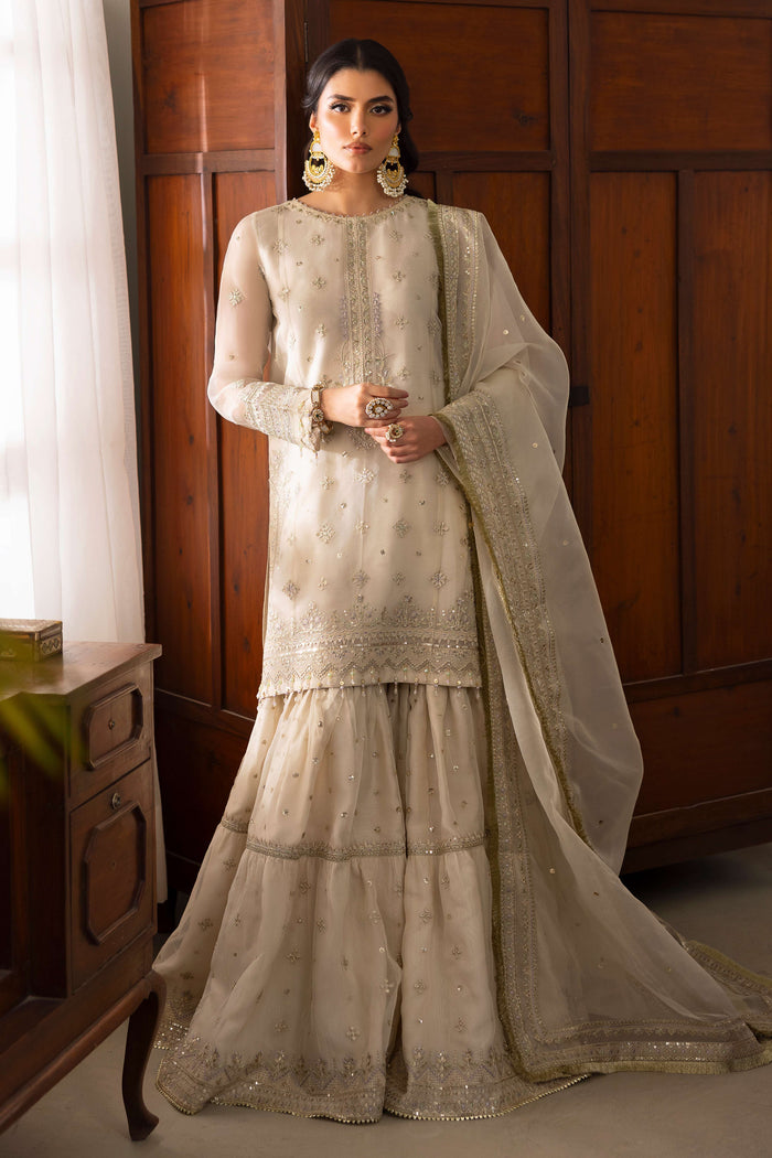 NAQSHI Jeena organza dupatta draped fully, displaying chunky embroidered 4-sided border finished with kiran lace and all-over sequin spray.