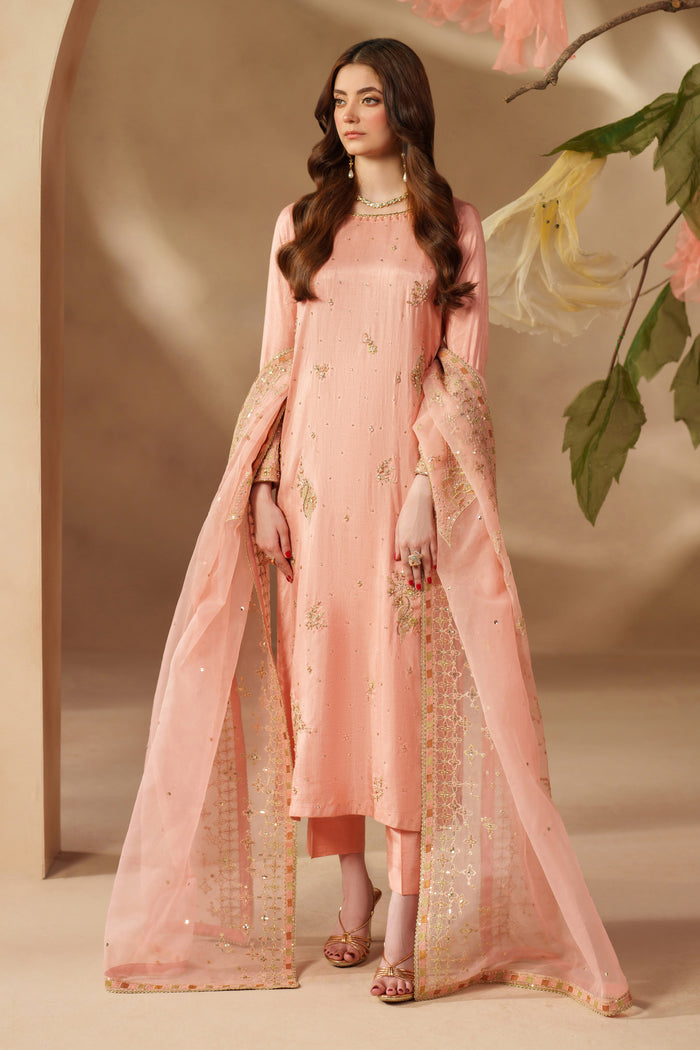 NAQSHI Jinan peach pink luxury pret dress with soft embroidery and matching embellished dupatta, designed for weddings and special occasions.