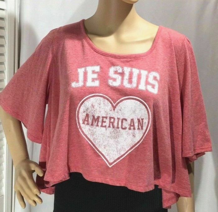 Joe Boxer Short Sleeve Crop Top "Je Suis American" Pink w/Heart, Junior's