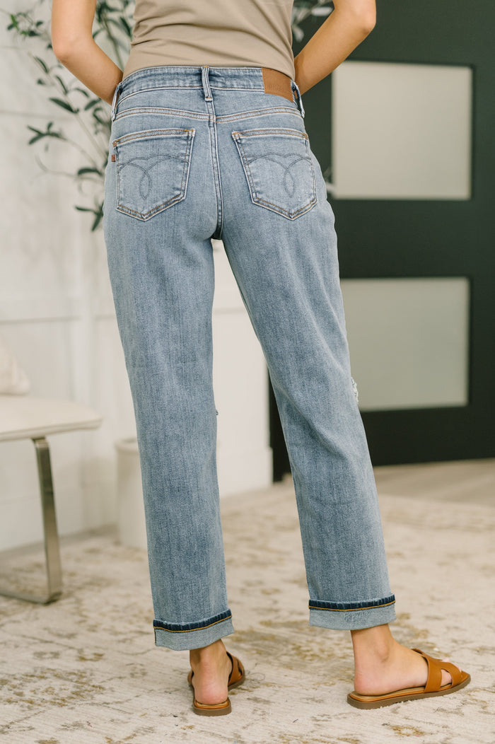 Judy Blue Elaine Mid Rise Boyfriend with Distress & Cuff