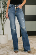 Judy Blue Marion Mid Rise Button Fly Flare with Destroy Fray Hem