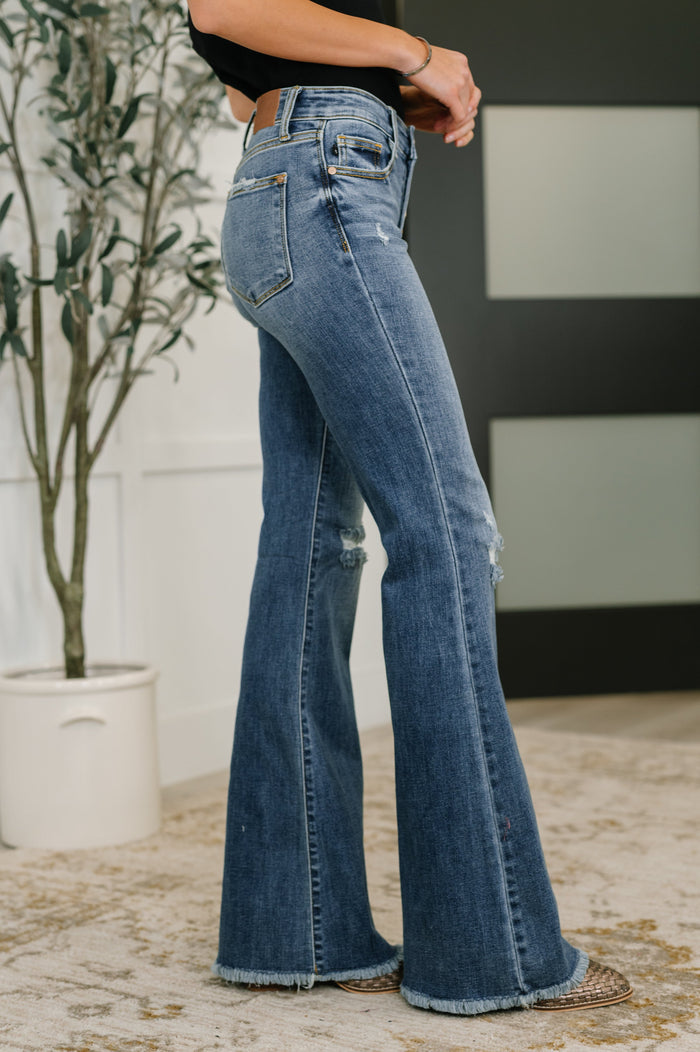 Judy Blue Marion Mid Rise Button Fly Flare with Destroy Fray Hem