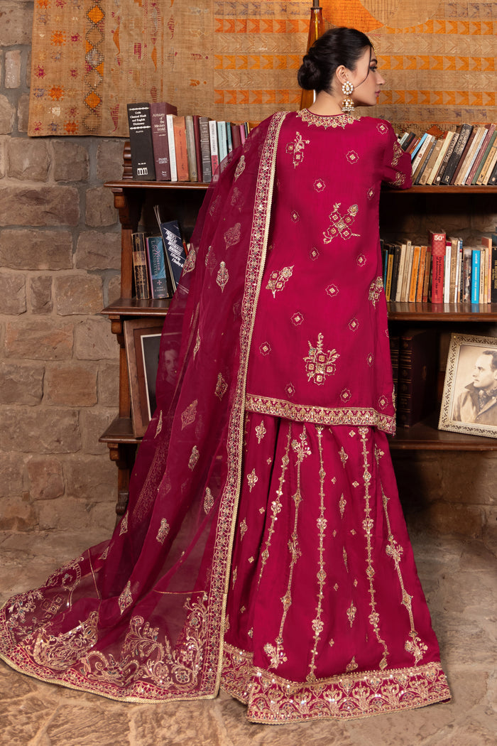 Rear of Naqshi kaavish gown featuring adda‑embellished motif spray across back with matching embroidered hemline edge.