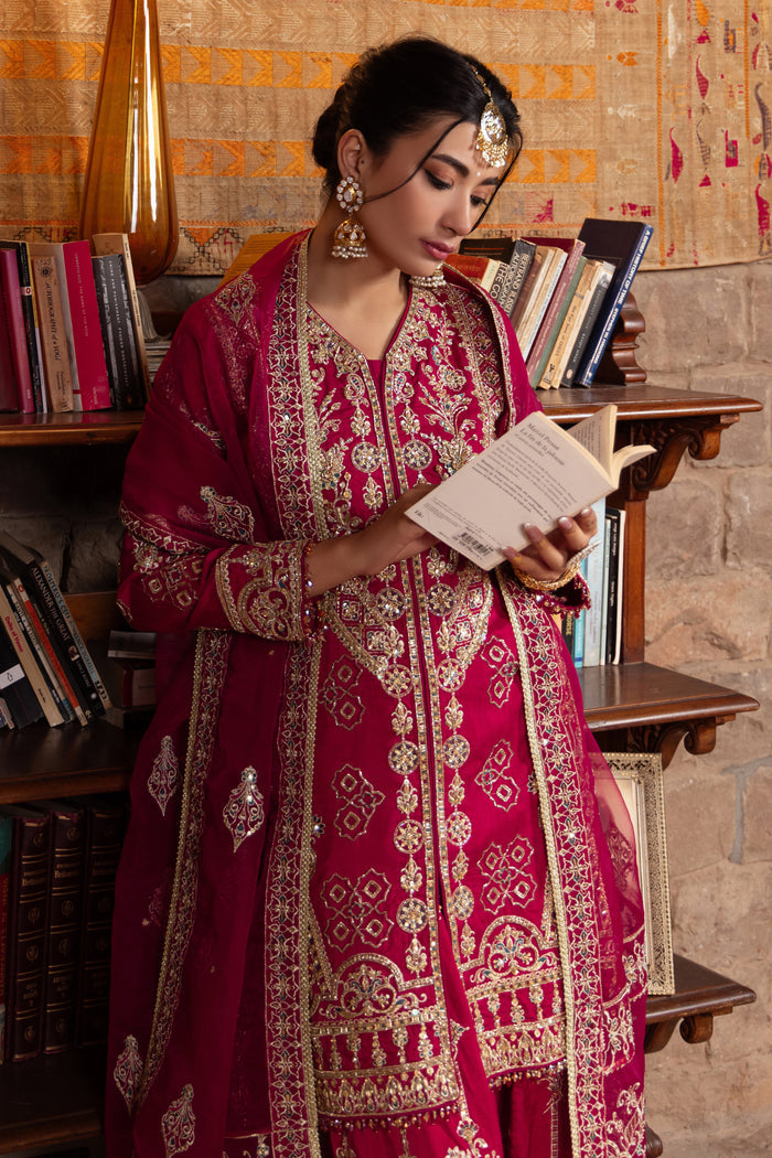 Model wearing full naqshi kaavish 3PC set: berry‑pink hand‑adda gown, matching sharara, and ornate dupatta styled for modern formal appeal.