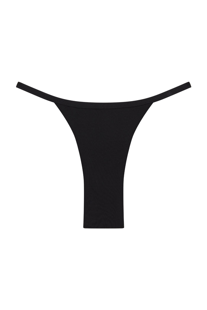 Front flat-lay of Kauai bottom in black showing high-cut thong style with thin side straps on white background