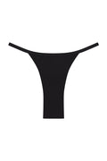 Front flat-lay of Kauai bottom in black showing high-cut thong style with thin side straps on white background