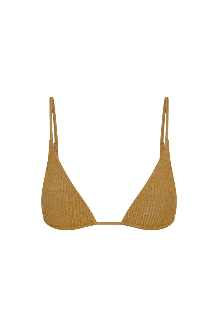 Front view of Kauai Top in antique gold lurex rib showcasing ribbed shimmer fabric and thin adjustable straps on white background