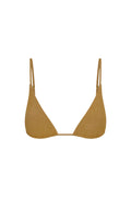 Front view of Kauai Top in antique gold lurex rib showcasing ribbed shimmer fabric and thin adjustable straps on white background