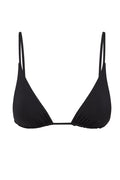 Front view of Kauai Top in black with triangle cups, thin adjustable straps, and gathered elastic base on white background